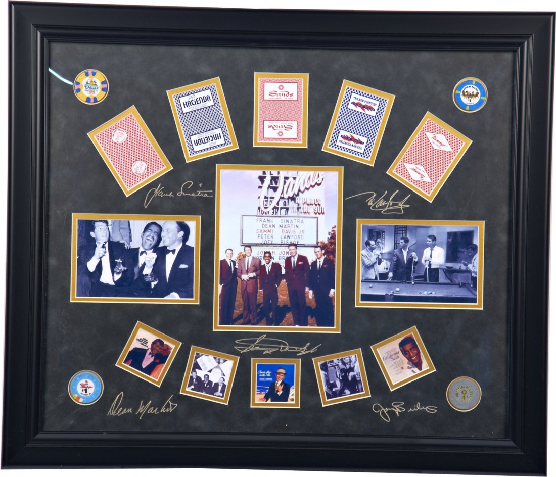 Autographed The Rat Pack Photographs & Memorabilia: Autographed The Rat Pack Photographs & Memorabilia in Frame, includes photo prints, various album cover prints, playing cards from Caesar's Palace, The Sands, The Hacienda, The New Frontier, and Flami
