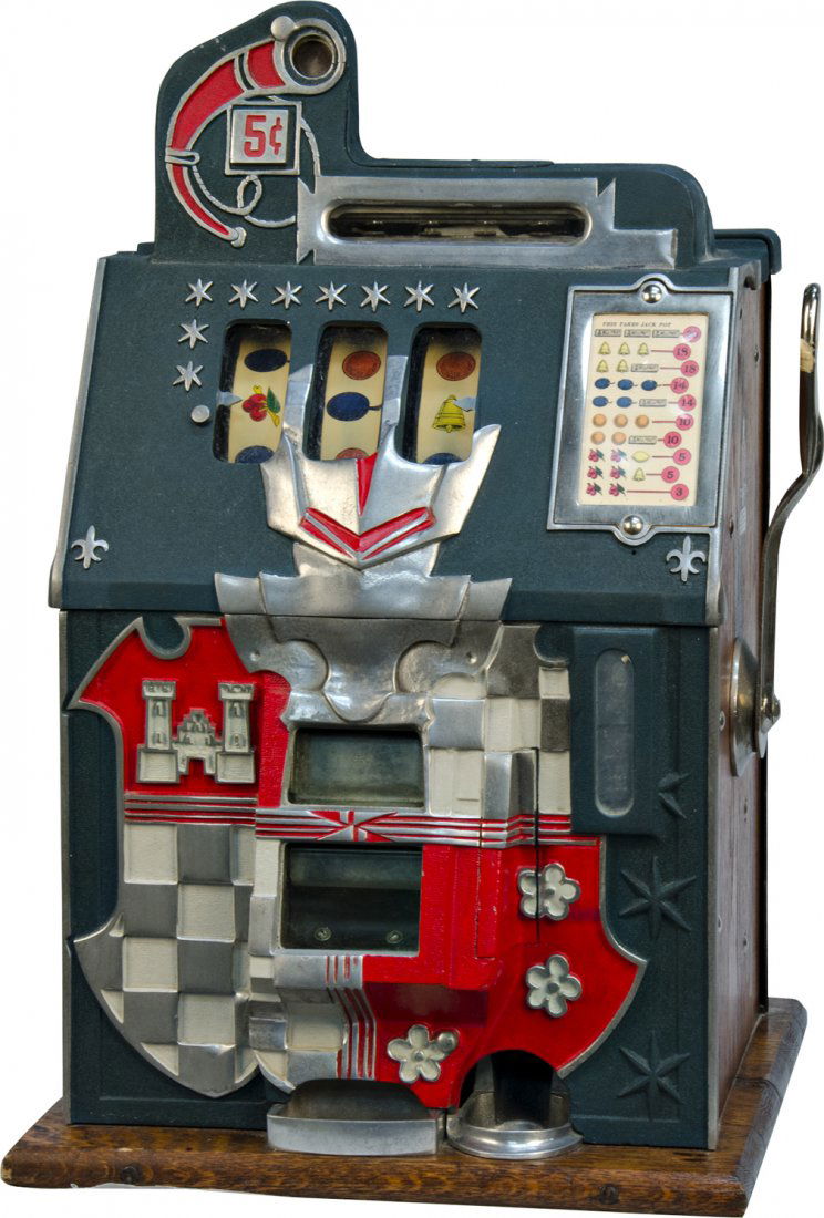 5 Cent Mills Novelty Half-Top Castle Front Double: 5 Cent Mills Novelty Half-Top Castle Front Double Jackpot Slot Machine, c1933, w/ key