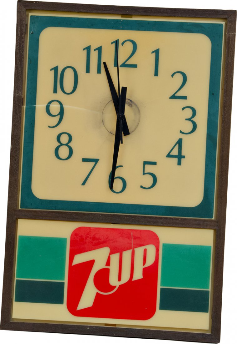 7-Up Rectangular Light-Up Wall Mount Clock: 7-Up Rectangular Light-Up Wall Mount Clock, plastic broken on face of clock - 12" x 18"