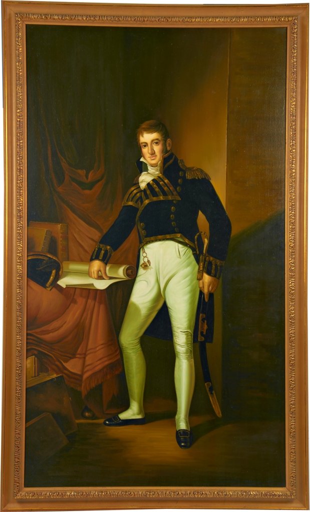 "Captain Charles Stewart" Oil On Canvas Painting: "Captain Charles Stewart" Oil on Canvas Painting in Antique Gold Leaf Frame, reproduction of the original by Thomas Sully, #4853 from 18th floor, Item #AA-1204/Suite corridor in the Golden Nugget Hote