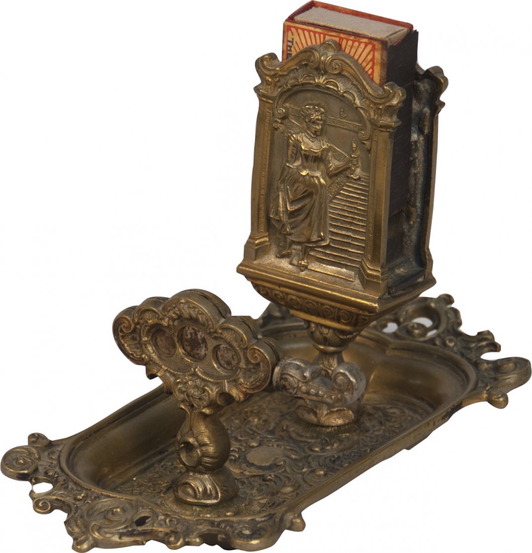 Countertop Ornate Cigar Cutter And Matchbox Holde: Countertop Ornate Cigar Cutter and Matchbox Holder on Fancy Tray Base w/ Matchbox
