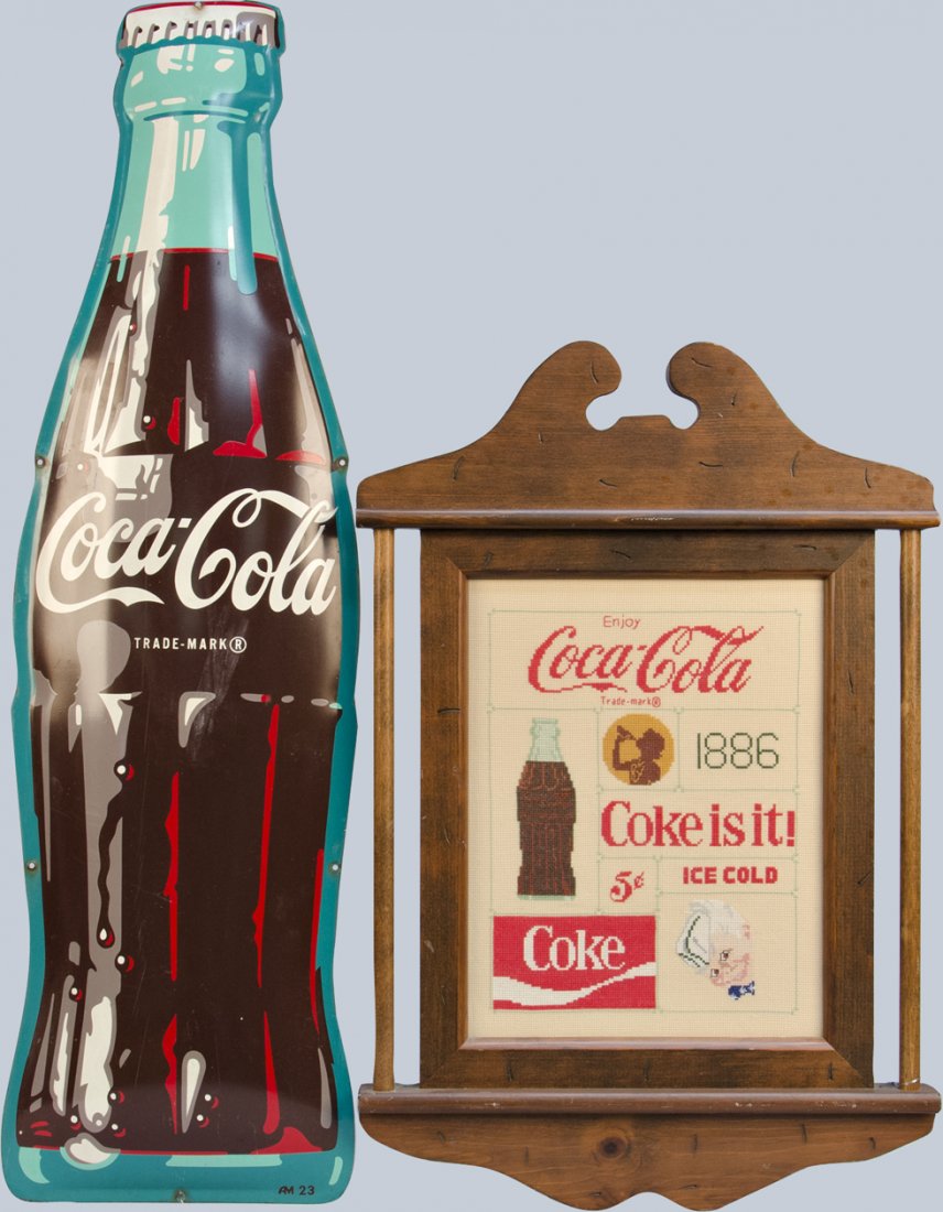 Lot Of 2 Coca Cola Items: Lot Of 2 Coca Cola Items: 1 - needlepoint in wood frame - 17" x 26" & 1 - bottle shaped tin sign AM23 - 10" x 36"
