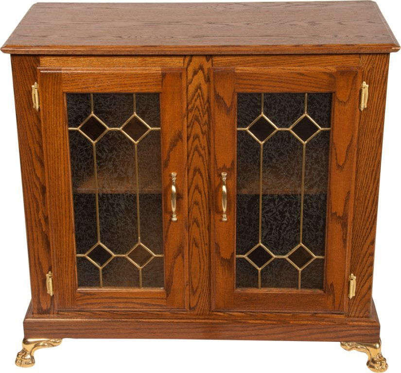 Oak and Leaded Glass Double Slot Machine Stand w/: Oak and Leaded Glass Double Slot Machine Stand w/ Brass Feet, double cabinet doors, etched glass, and brass handles - 17" x 36" x 34"h
