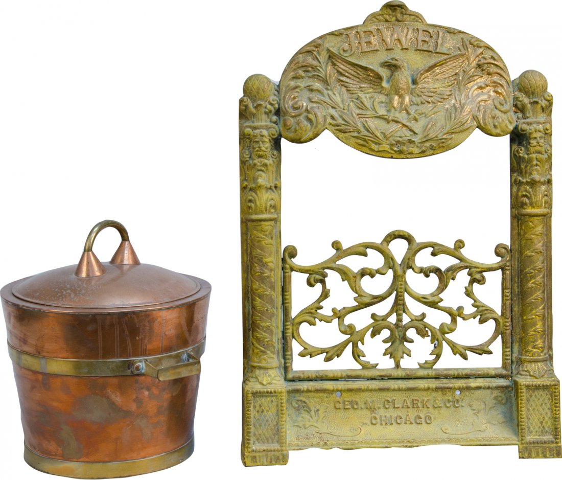 Lot of 2 Early Items:: Lot Of 2 Early Items: 1 - Copper ice chest/bucket & 1 - Cast-Iron "Jewel" Ornate Embossed Heating System Grill, Geo. M. Clark & Co., Chicago - 15"w x 22"h