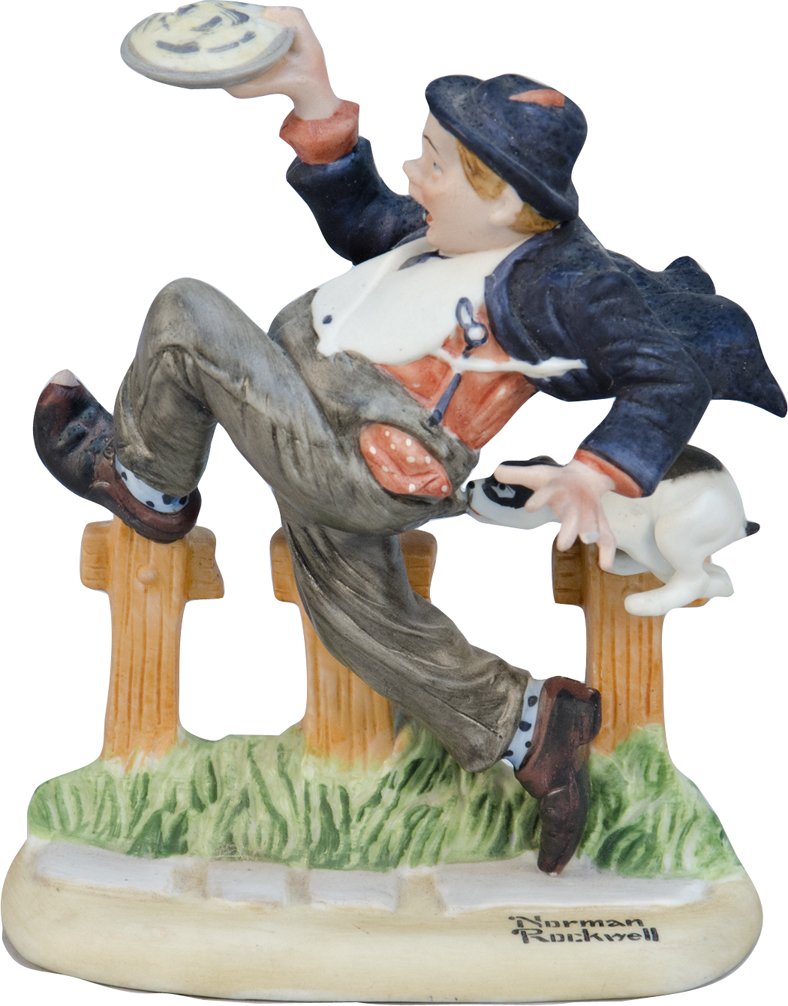 "Caught in the Act" Norman Rockwell Porcelain Fig: "Caught in the Act" Norman Rockwell Porcelain Figure, 1 of 12 in collection, "The Danbury Mint" hand-crafted, features dog chasing man w/ pie - 6"h