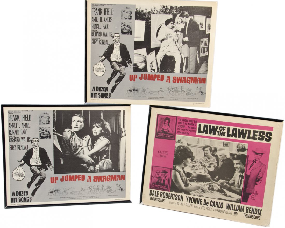 Lot of 3 Paper Movie Advertisements:: Lot Of 3 Paper Movie Advertisements: 1 - "Law of the Lawless" 1964 Paramount western starring Dale Robertson & Yvonne DeCarlo & 2 - "Up Jumped a Swagman" 1965 musical starring Frank Ifield & Annette A