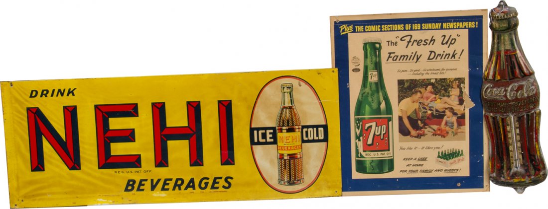 Lot Of 3 Soda Pop Signs: Lot Of 3 Soda Pop Signs: 1 - Coca Cola bottle-shaped thermometer tin sign, in fair condition - 5" x 16", 1 - 7UP, c1949, paper advertisement - 13" x 16" & 1 - "Drink NEHI Beverages" embossed tin sign
