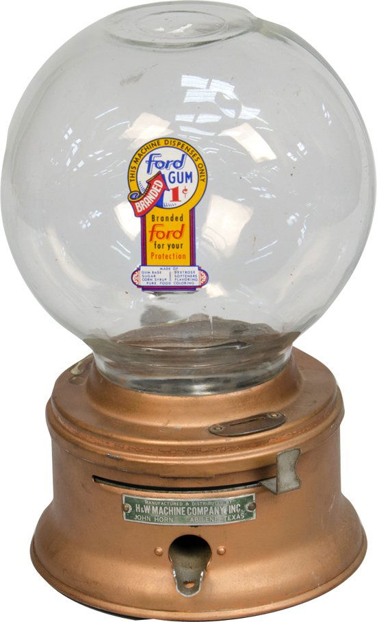 1 Cent H&W Machine Company "Ford Gum" Countertop: 1 Cent H&W Machine Company "Ford Gum" Countertop Gumball Vending Machine, c1948, w/ padlock and keys