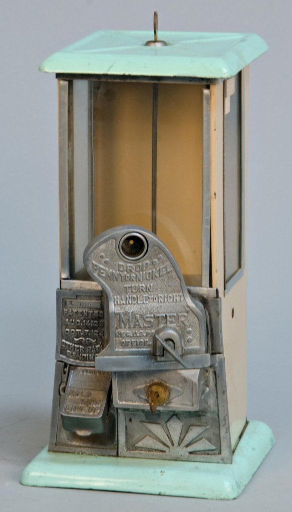 1 & 5 Cent "Master" Countertop Gumball Vending Machine: 1 & 5 Cent "Master" Countertop Gumball Vending Machine, pat. 1923-4, Serial No. 17671 By Norris MFG. Co., Porcelain top & base w/ keys
