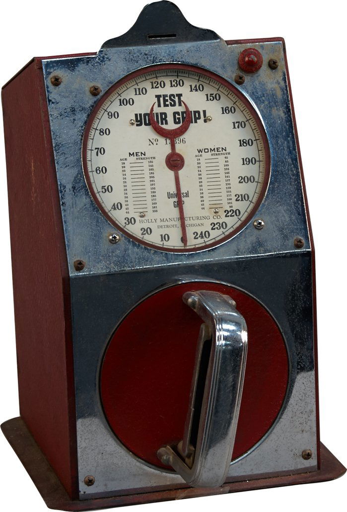 Early Coin-Op "Test Your Grip" Universal Grip Strength: Early Coin-Op "Test Your Grip" Universal Grip Strength Tester Countertop Arcade Machine By Holly Manufacturing Co., Detroit, Michigan No. 13396 w/ key