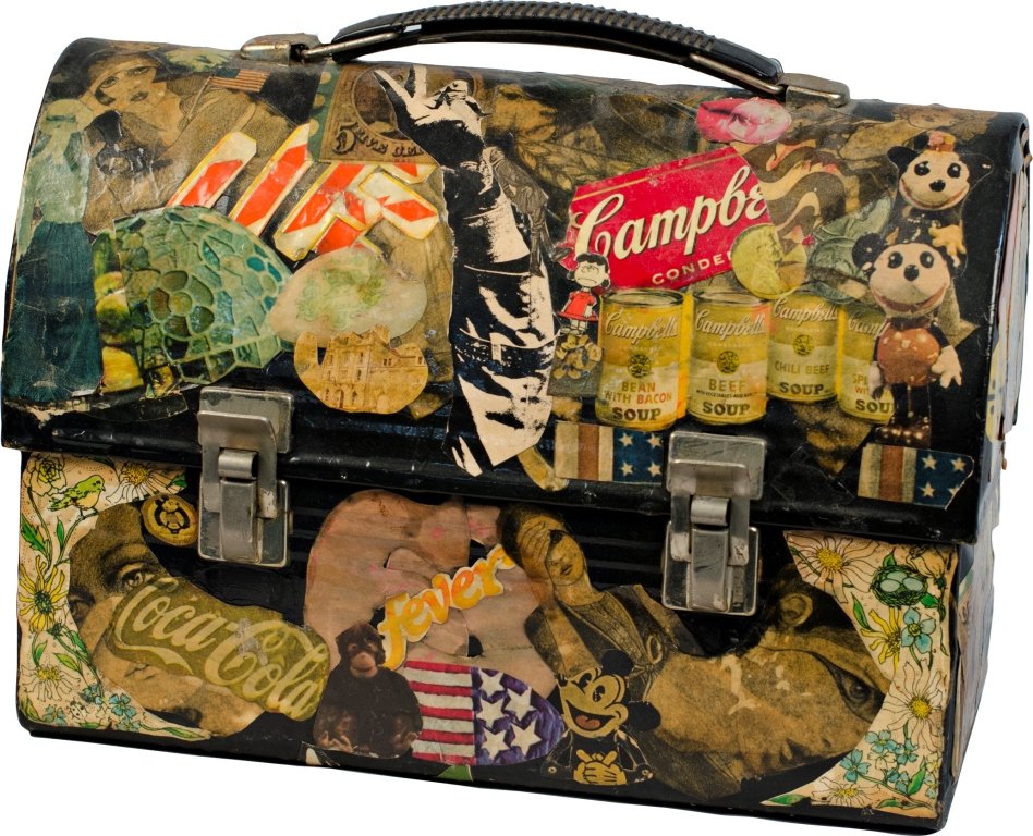 Vintage American Folk Art Lunchbox: Vintage American Folk Art Lunchbox, Outside collage includes Campbell's Soup, Mickey Mouse, Betty Boop, Chivas Regal, Coca-Cola, etc., Inside decorated w/ cloth and red pom-poms, c1960s w/ clasps & ha