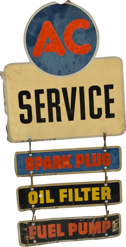 AC Service Die-Cut Double-Sided Flange Tin Service: AC Service Die-Cut Double-Sided Flange Tin Service Station Sign w/ hanging add-on tin signs: "Spark Plug", "Oil Filter" and "Fuel Pump", Forms A-2018-A,B,C,D Made In U.S.A. 9-47 and 9-48 AMD - 10" x 2
