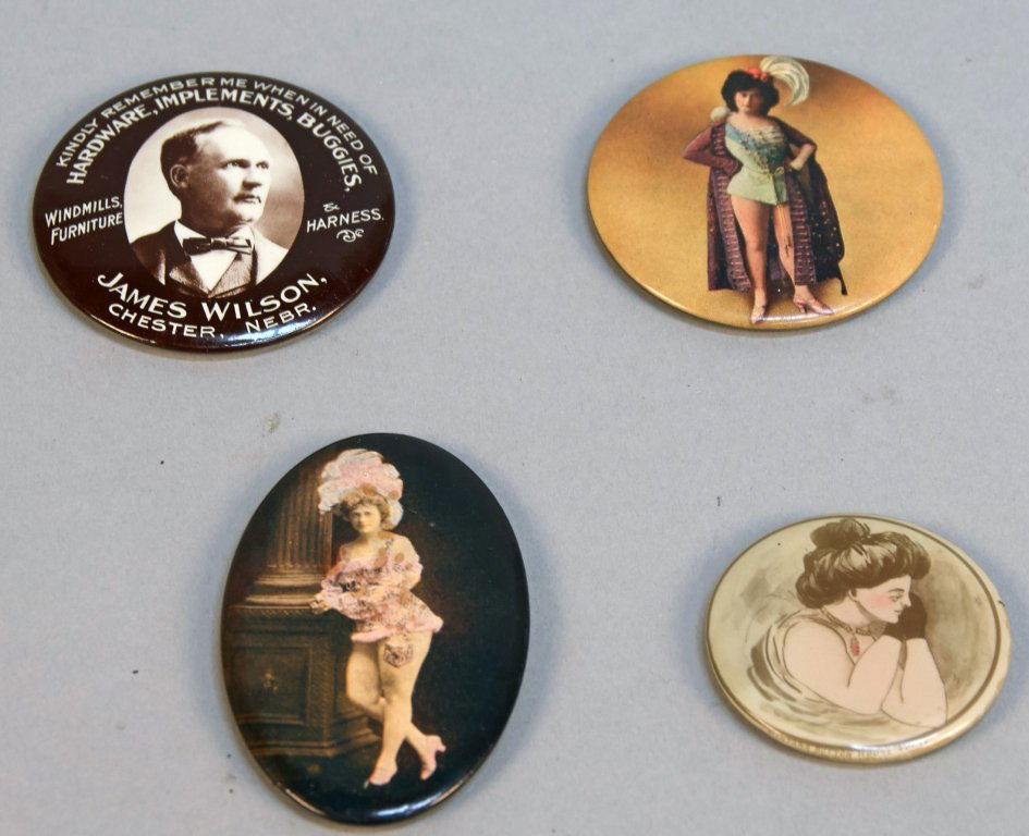 Lot Of 4 Pocket Mirrors In Cases:: Lot Of 4 Pocket Mirrors In Cases: 1 - Round Naughty Nellie "Montana Button House Butte" c1900, 1 - Oval Lady In Pink Costume/Saloon Girl, 1 - Round Lady In Blue Costume/Saloon Girl & 1 - Round "James