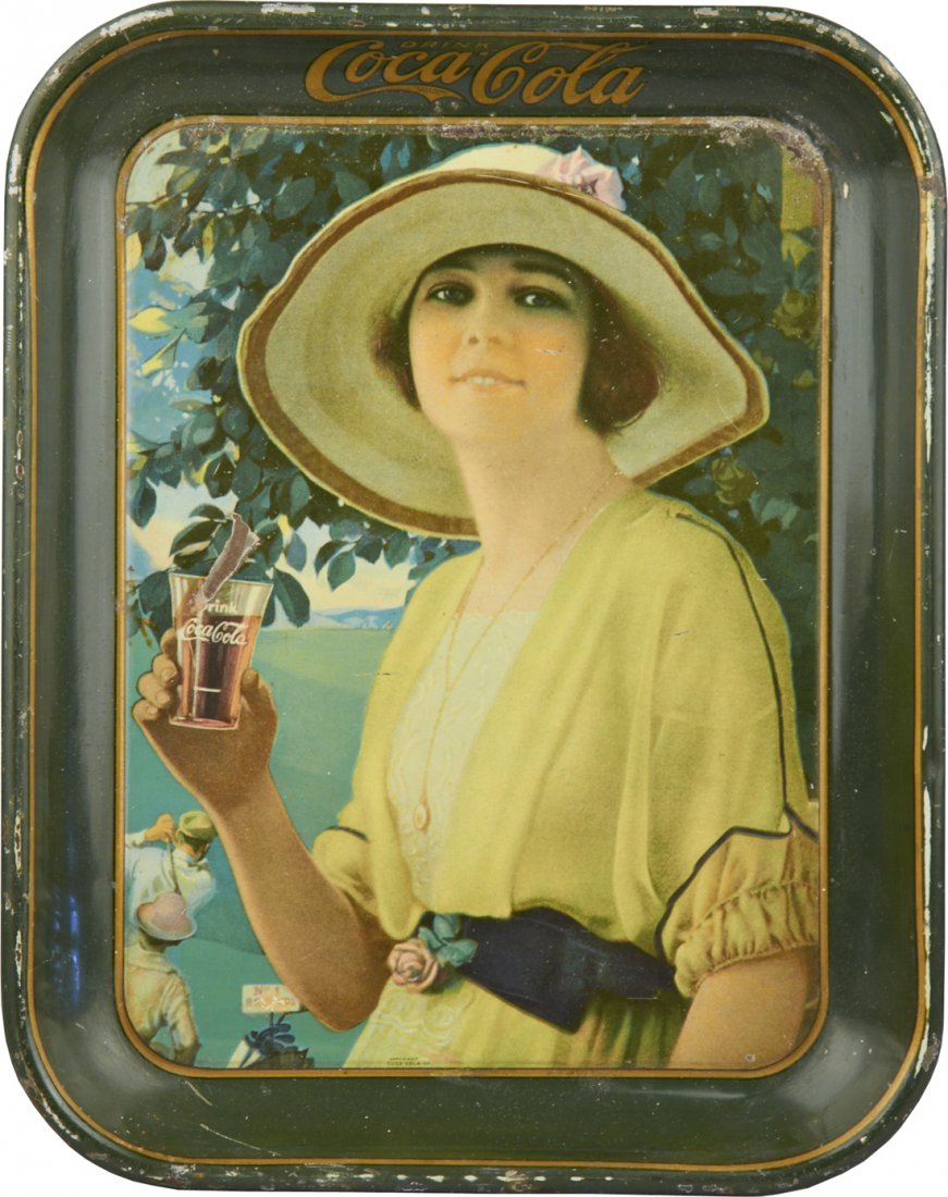 Vintage Green Drink Coca Cola Tin Serving Tray: Vintage Green Drink Coca Cola Tin Serving Tray featuring lady on golf course, Coca-Cola Co. c1920 - 10"w x 13"h