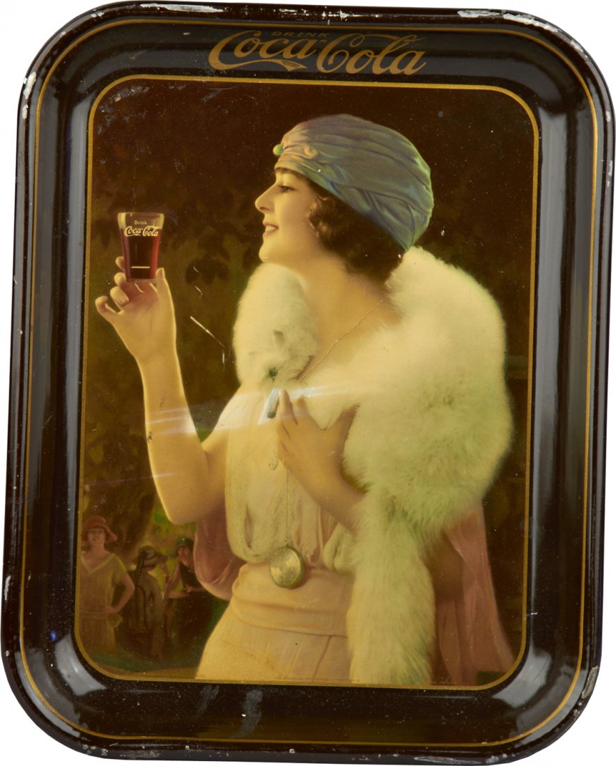 Vintage Drink Coca Cola Tin Serving Tray: Vintage Drink Coca Cola Tin Serving Tray featuring lady in fur, The Coca-Cola Co. and The American Art Works Coshocton, O. c1925 - 10"w x 13"h