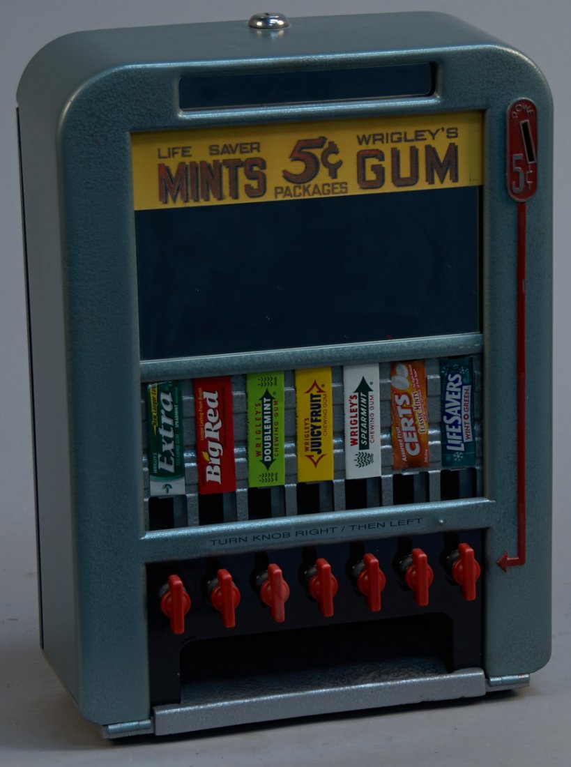 5 Cent Wall Mount Rowe Gum & Mint Merchandiser Vending: 5 Cent Wall Mount Rowe Gum & Mint Merchandiser Vending Machine, 7-Selection Knob-Turn w/ Front Mirrors, "Life Saver Mints - Wrigley's Gum - 5 Cent Packages" Decal, Very Nice Condition w/ Key