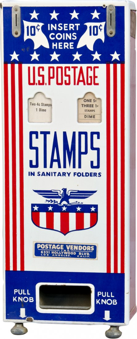 Early 10 Cent Wall Mount Porcelain Front Victory: Early 10 Cent Wall Mount Porcelain Front Victory Automatic Postage Stamp Vending Machine, Postage Vendors Inc. Los Angeles, Calif., Red, White & Blue