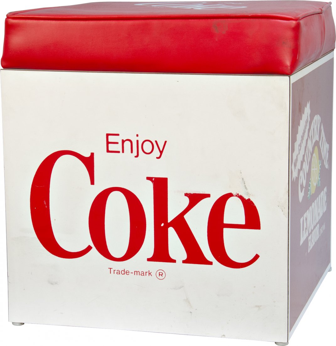Logo Box Seat w/ Red Logo Cushion, "Enjoy Coke", "Sunki: Logo Box Seat w/ Red Logo Cushion, "Enjoy Coke", "Sunkist Orange Soda", "Fresca!", and "Country Time Lemonade" motif