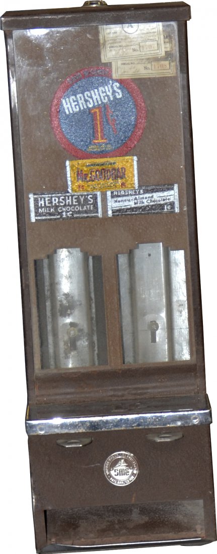 1 Cent Shipman MFG. Hershey's Chocolate Bar Wall Mount: 1 Cent Shipman MFG. Hershey's Chocolate Bar Wall Mount Column Vending Machine w/ 2 Selections c1941