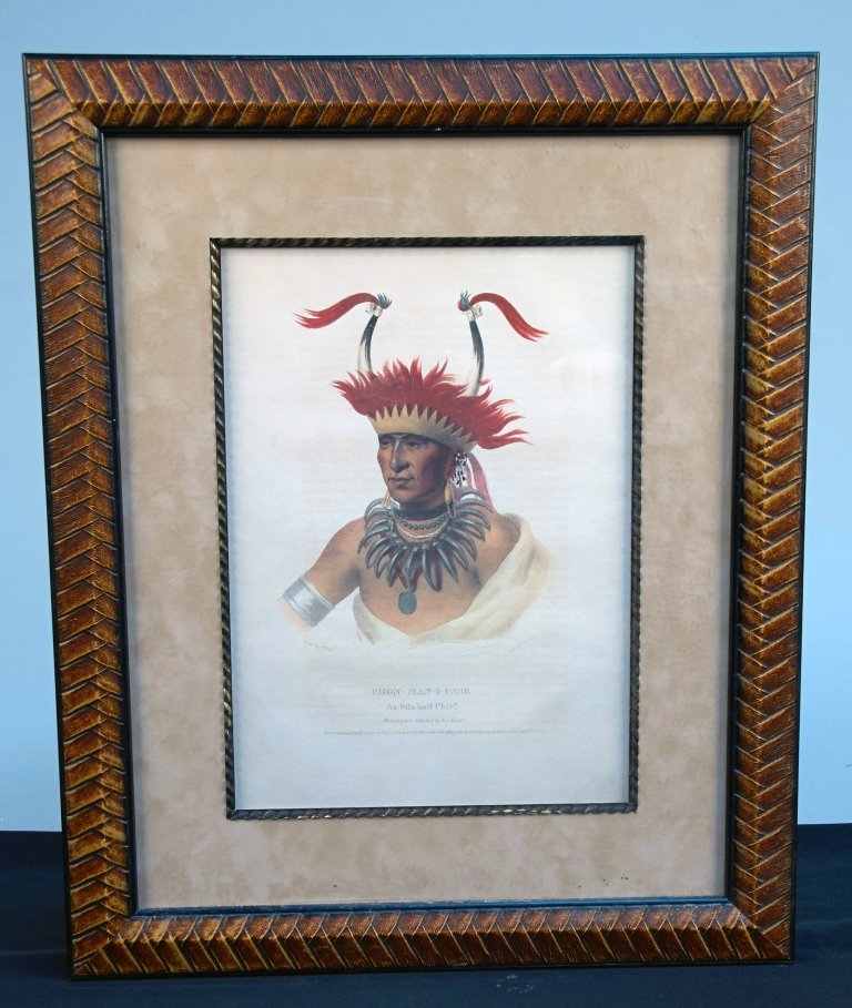 "Chon-Man-I-Case" Indian Hand-Colored Stone Lithograph: "Chon-Man-I-Case" Indian Hand-Colored Stone Lithograph In Frame By Charles Bird King c1836, Published by E.C. Biddle, Philadelphia, "An Otto Half Chief", Lehman & Duoal Lith., From McKenney & Hall pri