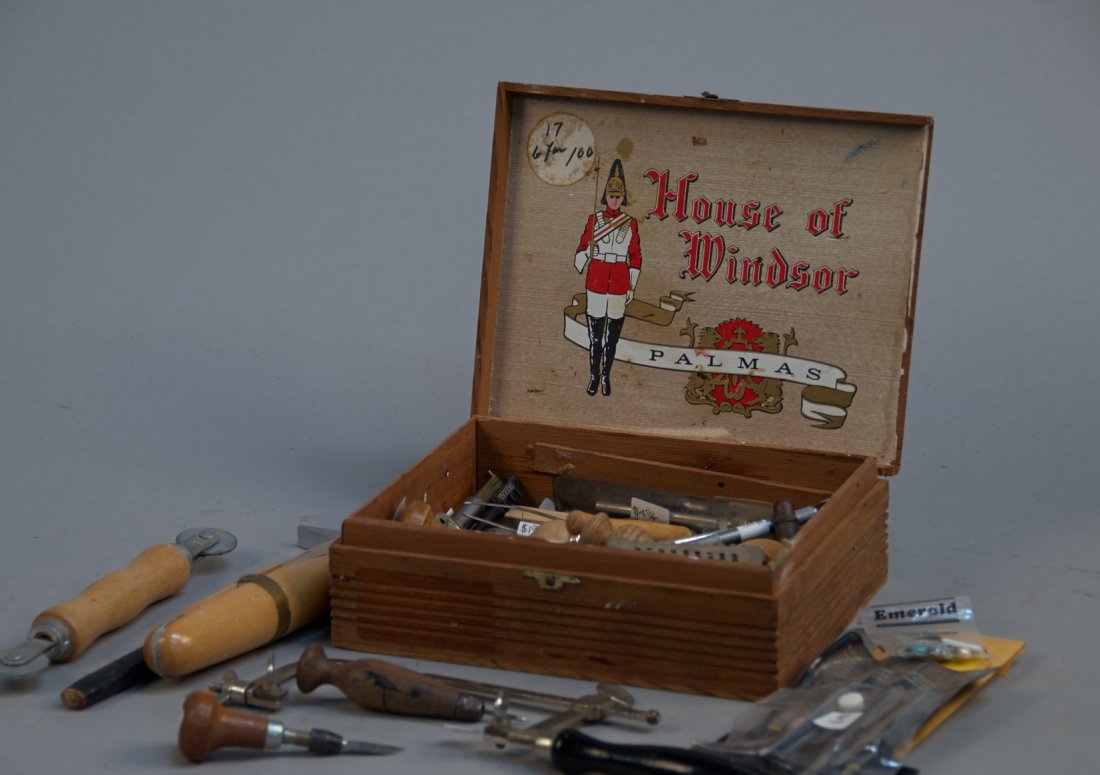 Lot Of Assorted Jeweler's Items And Tools In Wooden Hou: Lot Of Assorted Jeweler's Items And Tools In Wooden House Of Windsor Cigar Box
