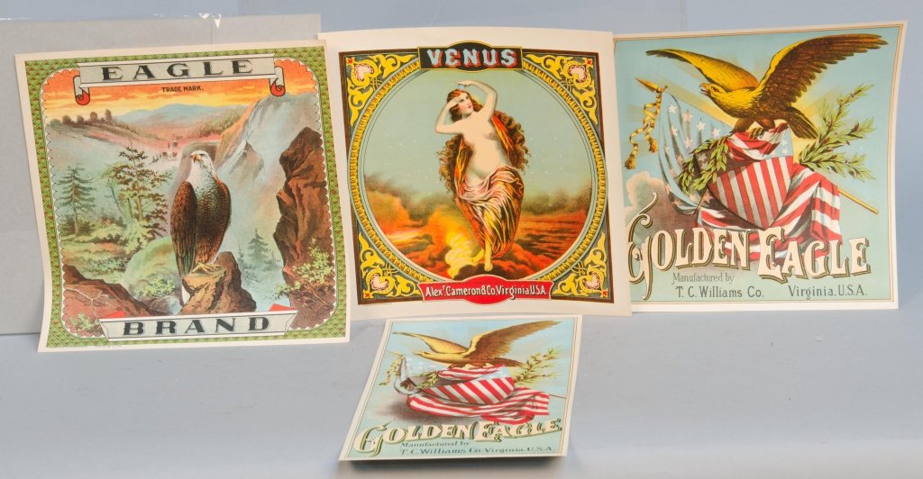 Lot Of 4 Vintage Multicolor Tobacco Crate Labels: Lot Of 4 Vintage Multicolor Tobacco Crate Labels, Never used, Large-size originals, All different: 2 - Golden Eagle, Manufactured by T.C. Williams Co., Virginia, U.S.A., 1 - Venus, British-American To