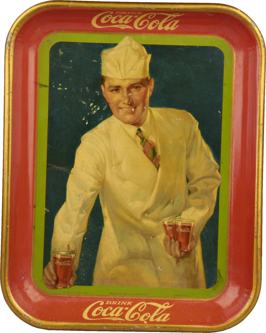 Vintage Drink Coca Cola Tin Serving Tray: Vintage Drink Coca Cola Tin Serving Tray featuring soda jerk, By Coca-Cola Co. and American Art Works, Inc. Coshocton, O. c1927 - 10"w x 13"h