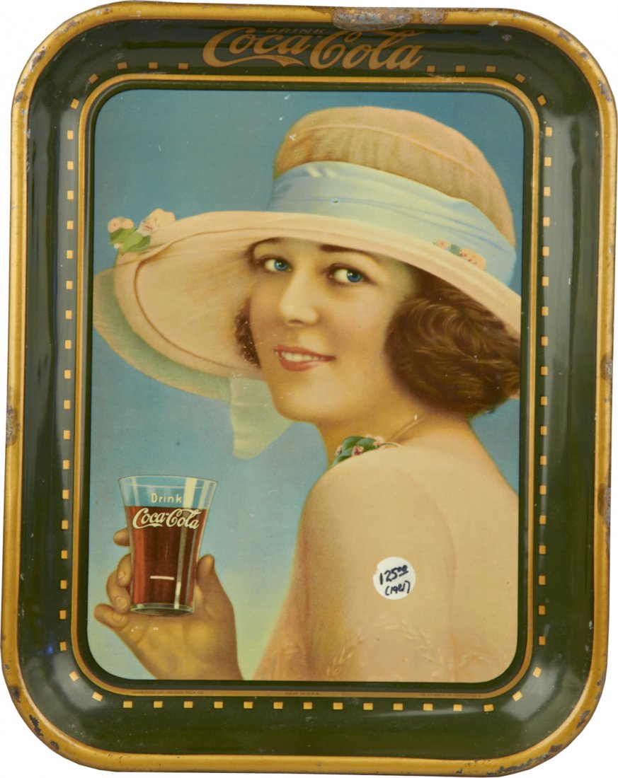 Vintage Drink Coca Cola Tin Serving Tray: Vintage Drink Coca Cola Tin Serving Tray featuring lady in pink hat, By The Coca-Cola Co. and The H.D. Beach Co. Coshocton, O. c1921 - 10"w x 13"h