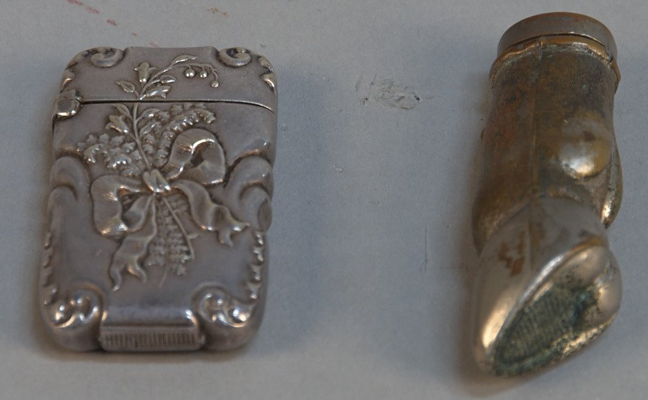 Lot Of 2 Early Match Safes:: Lot Of 2 Early Match Safes: 1 - Hoof & 1 - Embossed Ribbon Flower Design