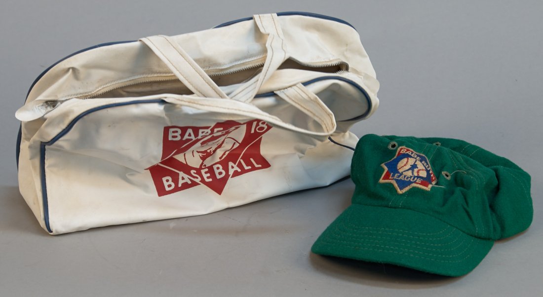 Lot Of 2 Babe Ruth Baseball Items:: Lot Of 2 Babe Ruth Baseball Items: 1 - 1968 Babe Ruth Baseball Tournament of Champions Morristown, New Jersey bag w/ piping & handles & 1 - Babe Ruth League green baseball cap, Rare
