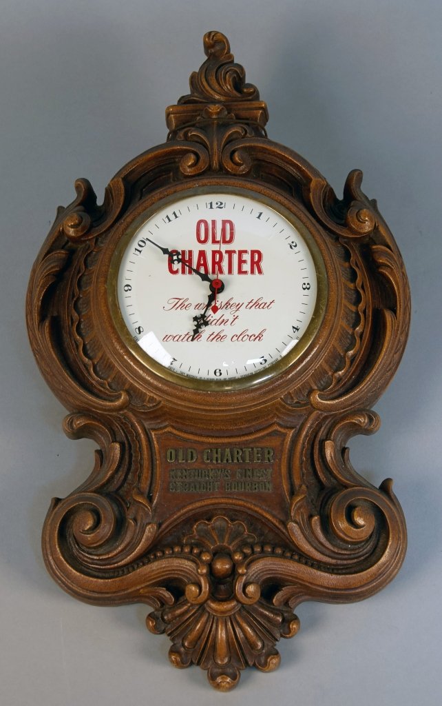 Old Charter Kentucky Straight Bourbon Whiskey Wall Moun: Old Charter Kentucky Straight Bourbon Whiskey Wall Mount Ornate Wooden Electric Clock, "The whiskey that didn't watch the clock", By Benheim Distilling Co. Inc. & Schenley Industries Inc. c1960 - 18"h