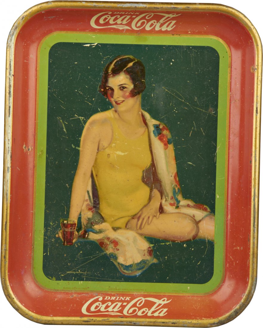Vintage Drink Coca Cola Tin Serving Tray: Vintage Drink Coca Cola Tin Serving Tray featuring lady in yellow bathing suit, Coca-Cola Co. and American Art Works, Inc. Coshocton, O. c1929 - 10"w x 13"h