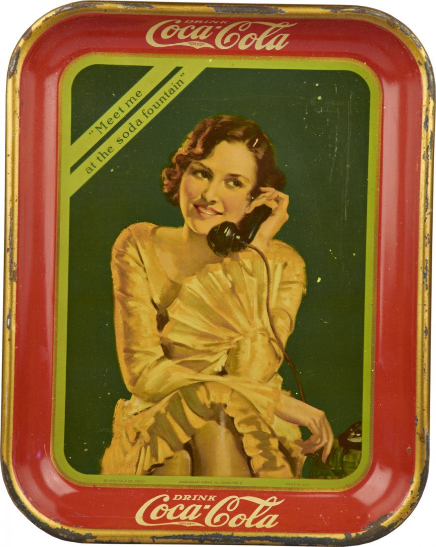 Vintage Drink Coca Cola Tin Serving Tray: Vintage Drink Coca Cola Tin Serving Tray featuring lady on telephone "Meet me at the soda fountain", By Coca-Cola Co. and American Art Works, Inc. Coshocton, O. c1930 - 10"w x 13"h
