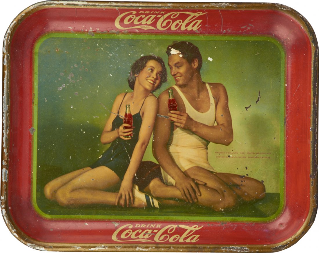 Vintage Drink Coca Cola Tin Serving Tray: Vintage Drink Coca Cola Tin Serving Tray featuring Maureen O'Sullivan and Johnny Weissmuller, Metro-Goldwyn-Mayer Featured Players, By Coca-Cola Co. and American Art Works, Inc. Coshocton, O. c1924 - 