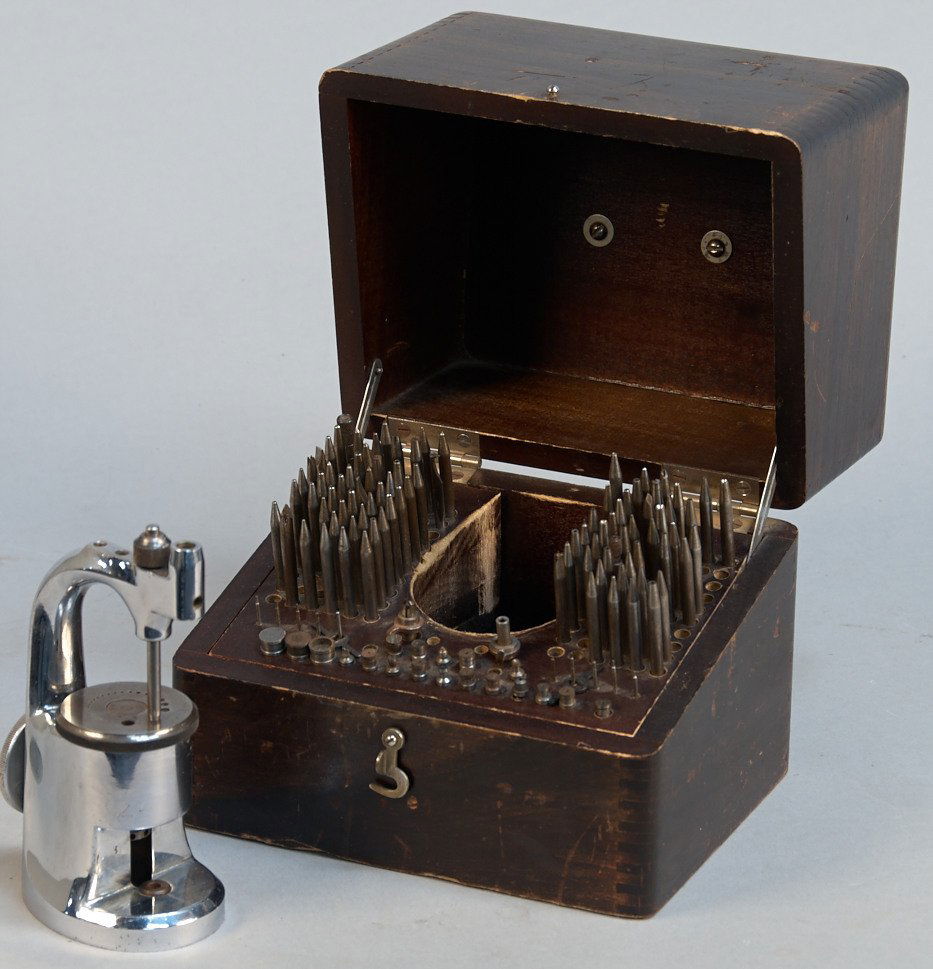 Vintage Inverto Staking Tool No. 18 Watch Repair Set In: Vintage Inverto Staking Tool No. 18 Watch Repair Set In Wooden Case w/ Latch & Handle By Kendrick & Davis, Lebanon, N.H. - 7" x 6" x 7"h