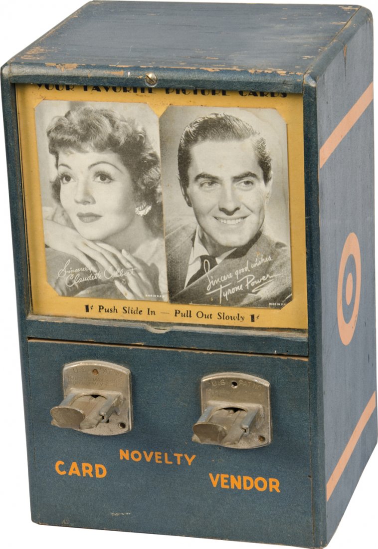 1 Cent Novelty Co. Countertop 2-Card Vending Machine Fe: 1 Cent Novelty Co. Countertop 2-Card Vending Machine Featuring Claudette Colbert & Tyrone Power Cards, "Your Favorite Picture Cards", Wood cabinet w/ glass display w/ keys