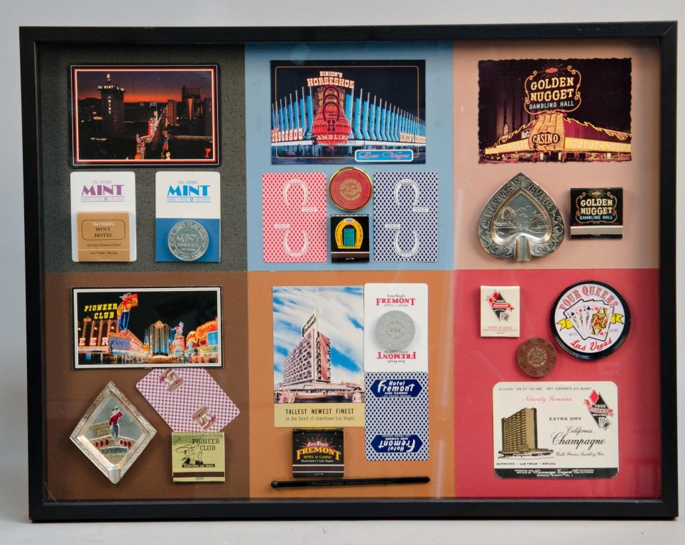 Lot Of Misc. Vintage Downtown Las Vegas Casino Memorabi: Lot Of Misc. Vintage Downtown Las Vegas Casino Memorabilia In Display Frame, Including postcards, playing cards, casino chips/tokens, ashtrays, matchbooks, etc. from Fremont St. hotels & casinos such 