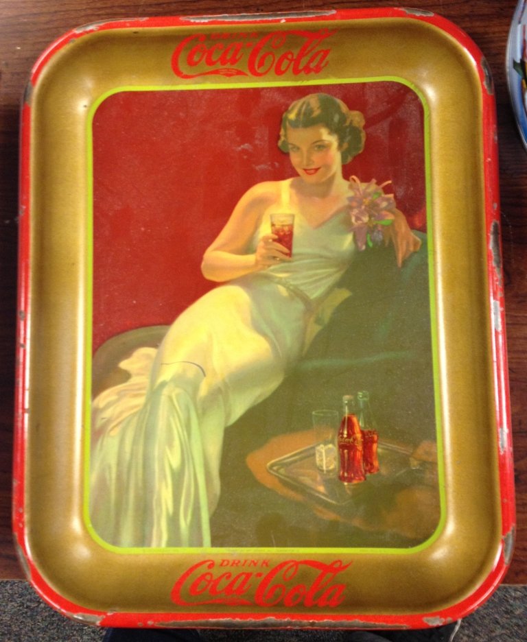 Vintage Drink Coca Cola Tin Serving Tray: Vintage Drink Coca Cola Tin Serving Tray featuring lady in white gown, Coca-Cola Co. and American Art Works, Inc. Coshocton, O. c1936 - 10"w x 13"h