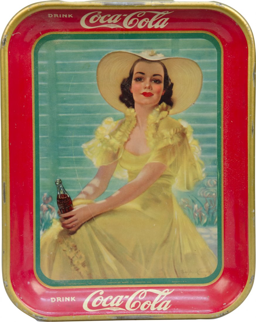 Vintage Drink Coca Cola Tin Serving Tray: Vintage Drink Coca Cola Tin Serving Tray featuring "Girl at Shade" lady in yellow, Coca-Cola Co. and American Art Works, Inc. Coshocton, O. c1938, Original artwork by Bradshaw Crandell - 10"w x 13"h