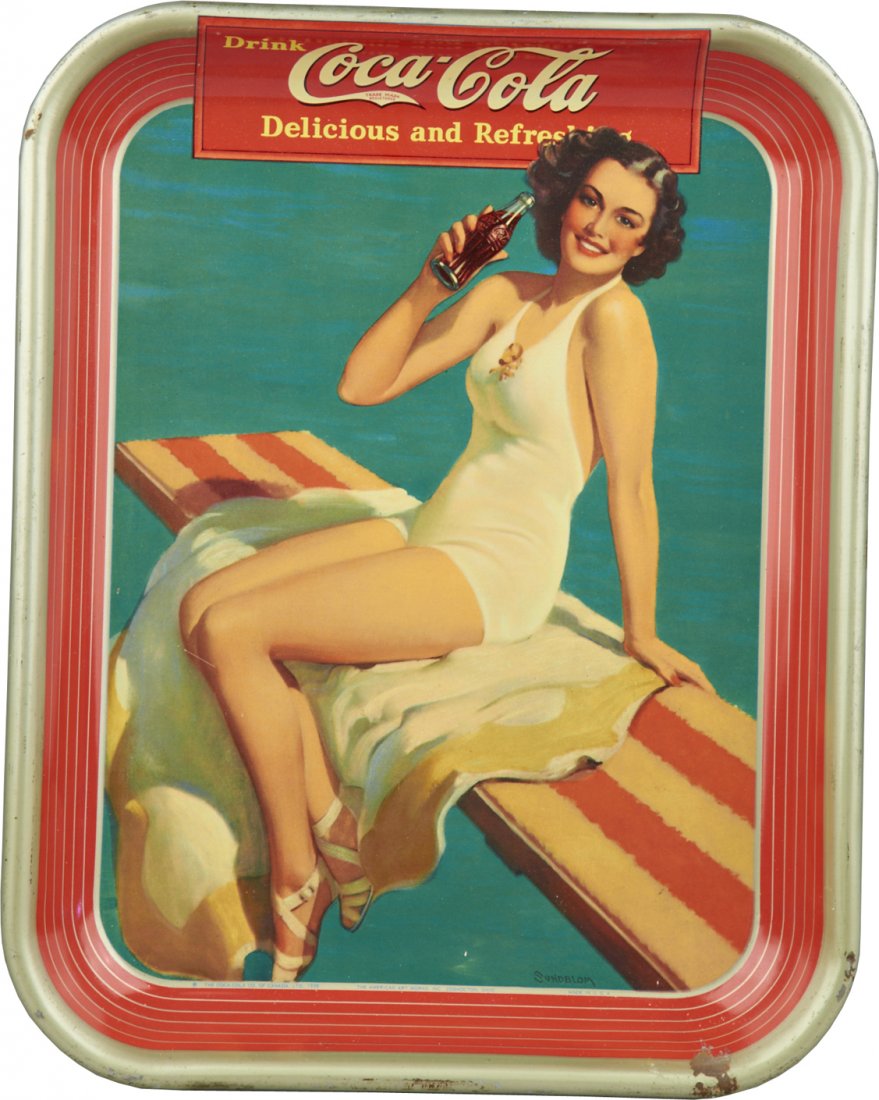 Vintage Drink Coca Cola Tin Serving Tray: Vintage Drink Coca Cola Tin Serving Tray featuring lady in white bathing suit "Delicious and Refreshing", Original artwork by Haddon Sundblom, By The Coca-Cola Co. of Canada, Ltd. and The American Art