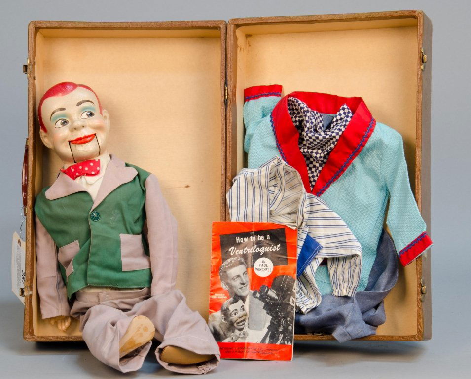 Jerry Mahoney Ventriloquist's Dummy Doll In Travel Suit: Jerry Mahoney Ventriloquist's Dummy Doll In Travel Suitcase w/ extra pairs of clothes and "How To Be A Ventriloquist" booklet by Paul Winchell (Television ventriloquist for the original Jerry Mahoney)