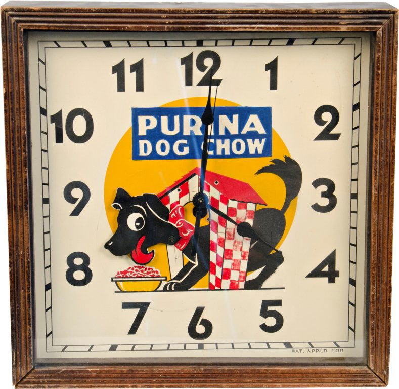 Vintage Wall Mount Wood And Glass "Purina Dog Chow": Vintage Wall Mount Wood And Glass "Purina Dog Chow" Clock, featuring cartoon dog - 15" x 15"