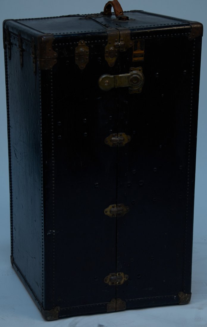 Early Large Black Oshkosh Trunk w/ Handles & Latches: Early Large Black Oshkosh Trunk w/ Handles & Latches, Oshkosh Trunks Inc. Oshkosh, Wisconsin - 22" x 22" x 42"