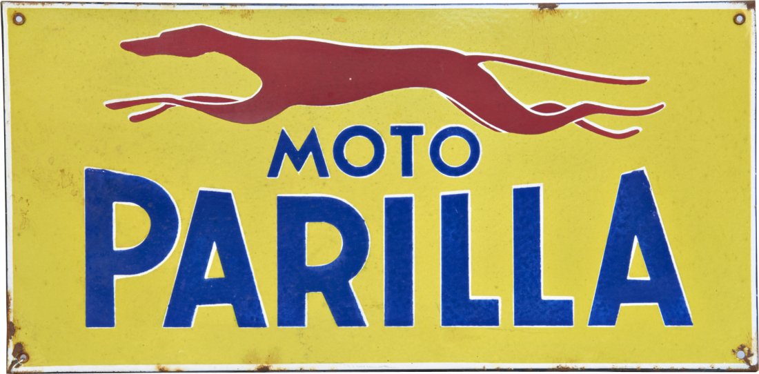 "Moto Parilla" Italian Greyhound Bus Porcelain Sign: "Moto Parilla" Italian Greyhound Bus Porcelain Sign - 25" x 12"
