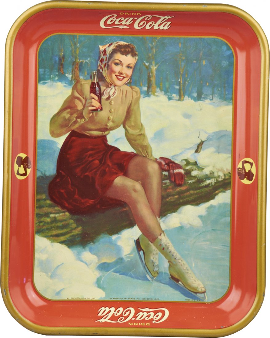 Vintage Drink Coca Cola Tin Serving Tray: Vintage Drink Coca Cola Tin Serving Tray featuring ice skating lady, The Coca-Cola Co. and The American Art Works, Inc. Coshocton, Ohio c1941, Great condition - 10"w x 13"h