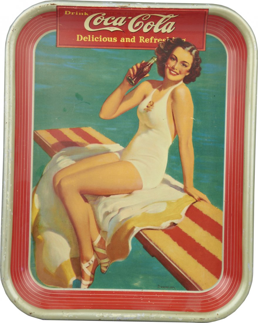 Vintage Drink Coca Cola Tin Serving Tray: Vintage Drink Coca Cola Tin Serving Tray featuring lady in white bathing suit on diving board, Original artwork by Haddon Sundblom, The Coca-Cola Co. and American Art Works, Inc. Coshocton, Ohio c1939
