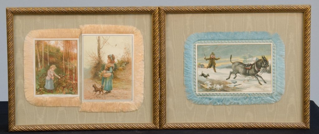 Lot Of Early Fringed Holiday Postcards In Matching Fram: Lot Of Early Fringed Holiday Postcards In Matching Frames: 2 - "A Happy Christmas To You" girl w/ dog by Raphael, Tuck & Sons and "A Happy Christmastide" girl in forest w/ matching peach fringe around