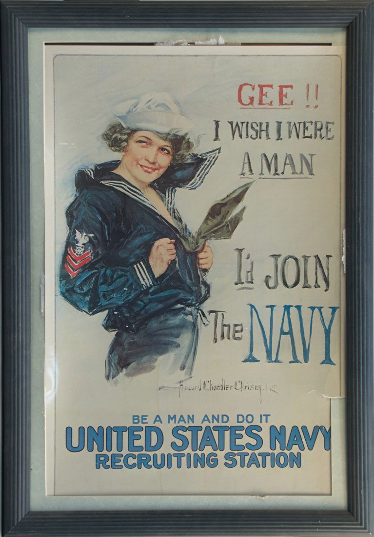 "Gee!! I Wish I Were A Man, I'd Join The Navy" Recruitm: "Gee!! I Wish I Were A Man, I'd Join The Navy" Recruitment Poster Print In Frame by Howard Chandler Christy c1915, "Be a man and do it - United States Navy Recruiting Station" featuring woman in sailo