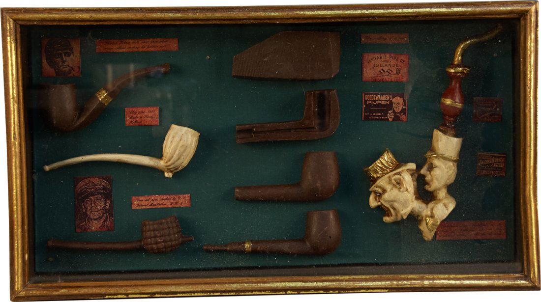 Early Smoking Pipes In Wood And Glass Display Case