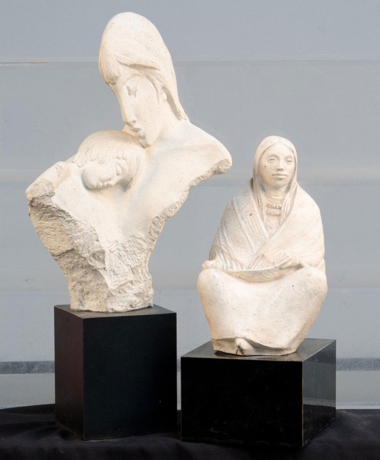 Lot Of 2 Stone Sculptures On Wood Bases:: Lot Of 2 Stone Sculptures On Wood Bases: 1 - Native American woman sitting w/ bowl, Austin Prod. Inc. 1983 - 12"h & 1 - Mother and child bust by Fisher (signed), Austin Prod. Inc. 1984 - 17"h